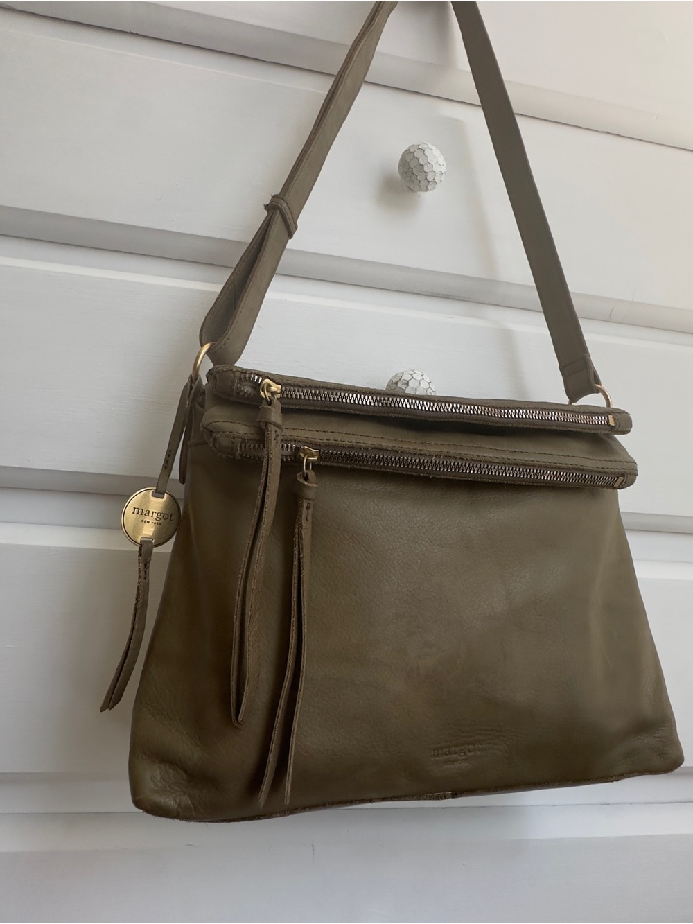 Margot New York Mickey Olive Genuine Leather Double Zip Crossbody Bag